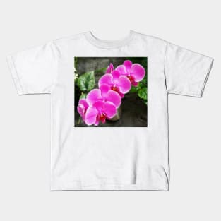 Fuchsia Pink Tropical Orchid Flowers near Waterfall Kids T-Shirt